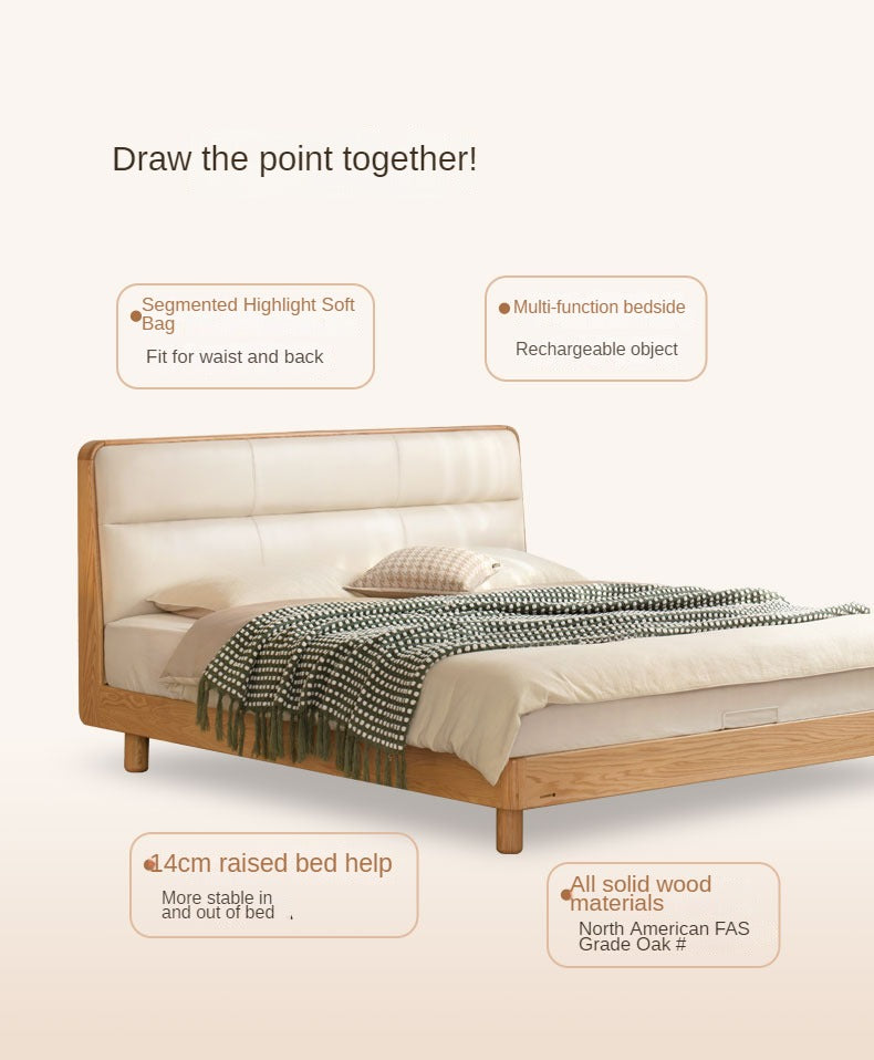 Oak, Ash Solid Wood Genuine Leather Soft Bed