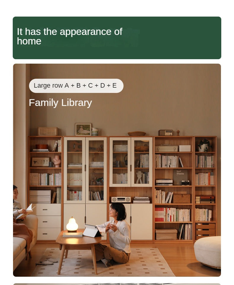 European Beech, Oak Solid Wood Floor-Standing Bookshelf with Glass Door Display