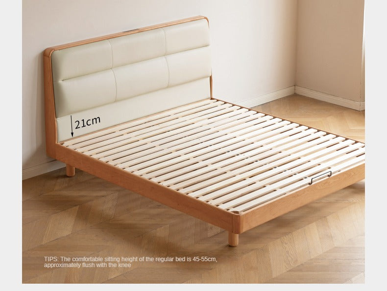 Cherry Solid Wood Bed with Retro Edge and Soft Headboard