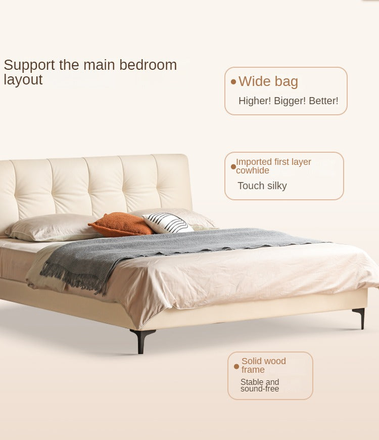 Genuine Leather, Ecological Cloud Leather Bed Cream Style Light Luxury