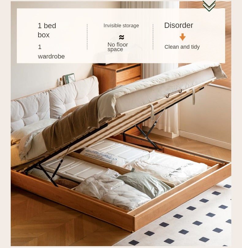 Cherry Solid Wood Box Bed Top Genuine Leather, Corduroy Suspended Bed