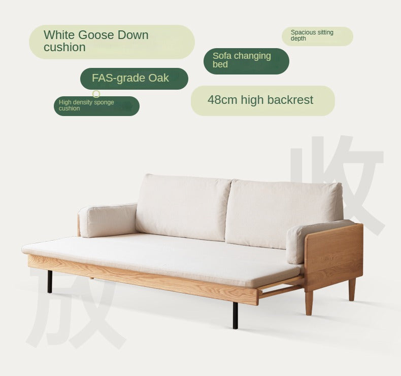 Oak Solid Wood Sofa Bed Folding White Goose Feather Cushions.