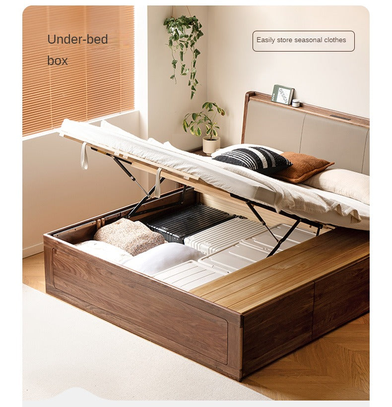 Black Walnut Solid Wood leather soft Drawer Box Bed Nordic