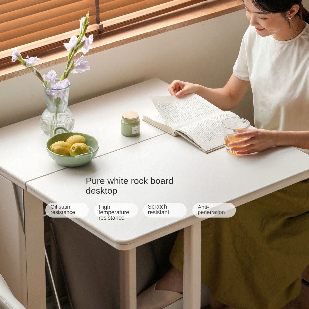 Poplar Solid Wood Cream Wind Rock Slab Folding Dining Table