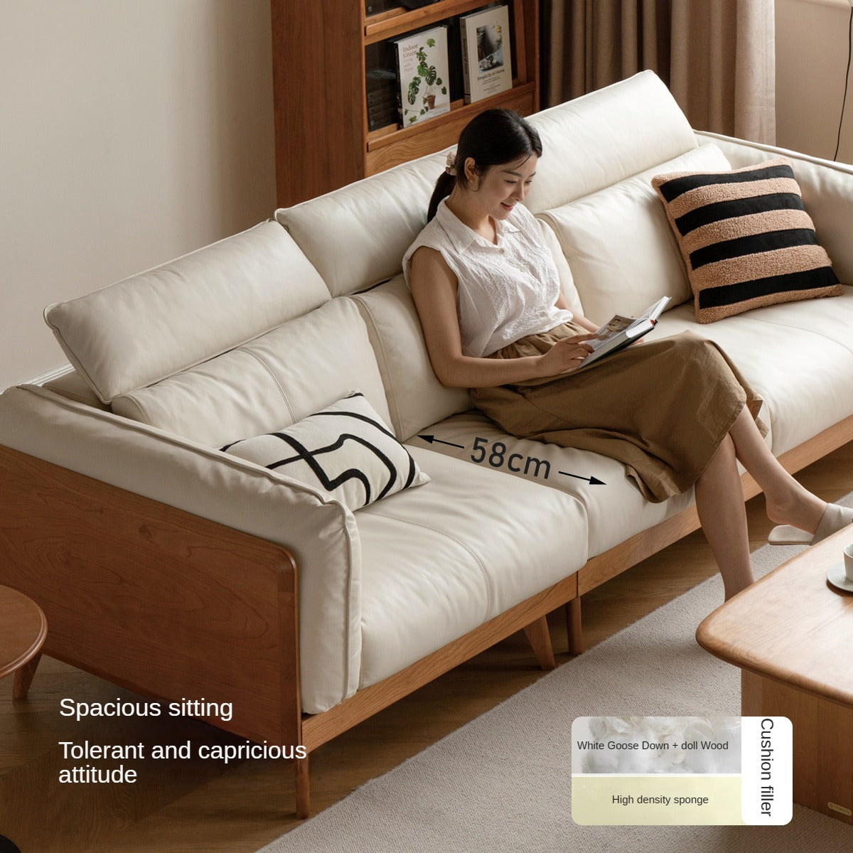 Cherry Solid Wood Black Label Leather Down Sofa.