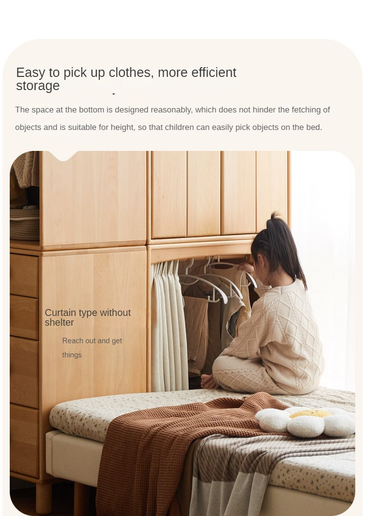 Beech, Rubber Solid Wood Children's Wardrobe,Combination Storage Cabinet