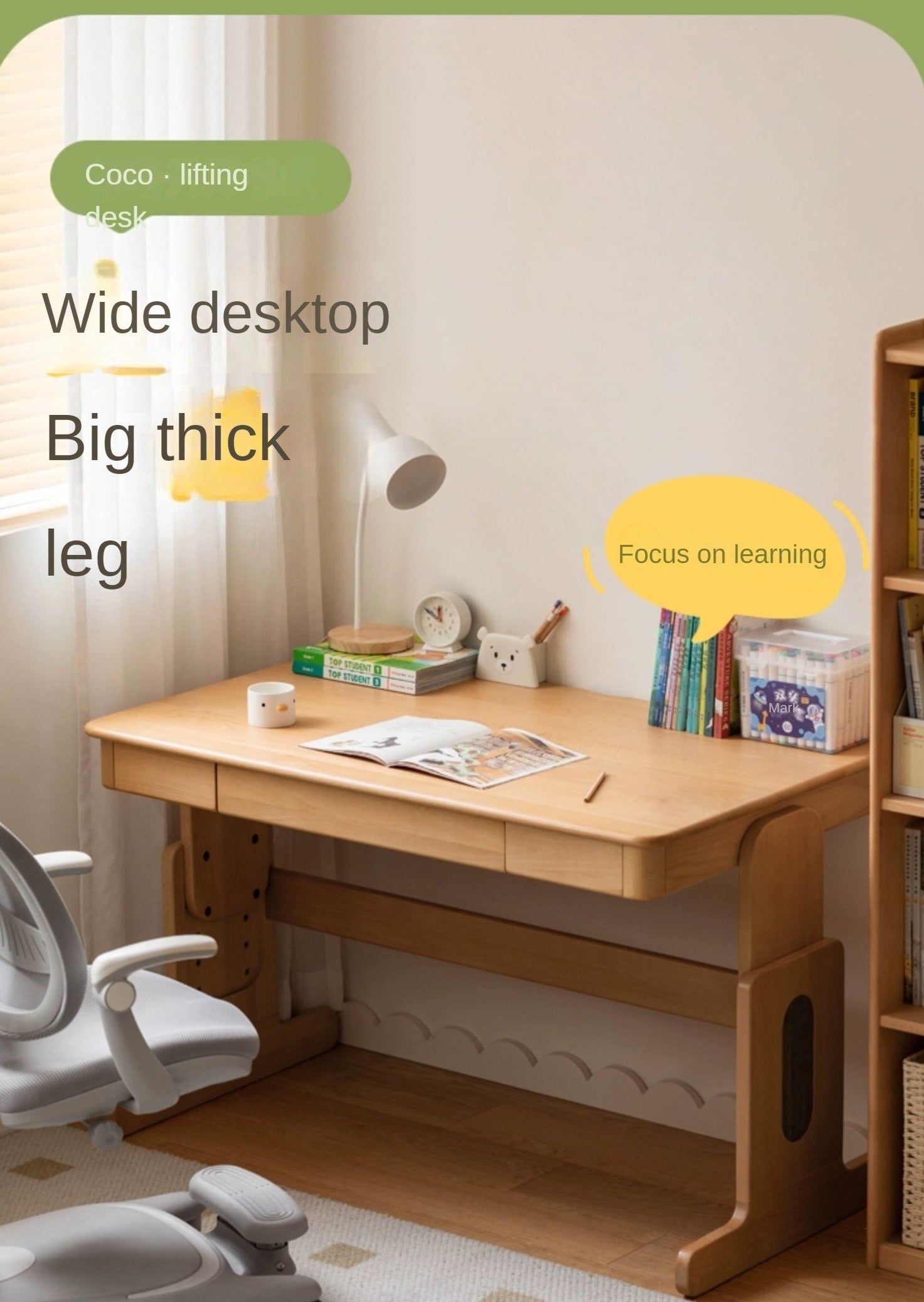 Beech Solid Wood Lifting Desk Bookshelf Combination