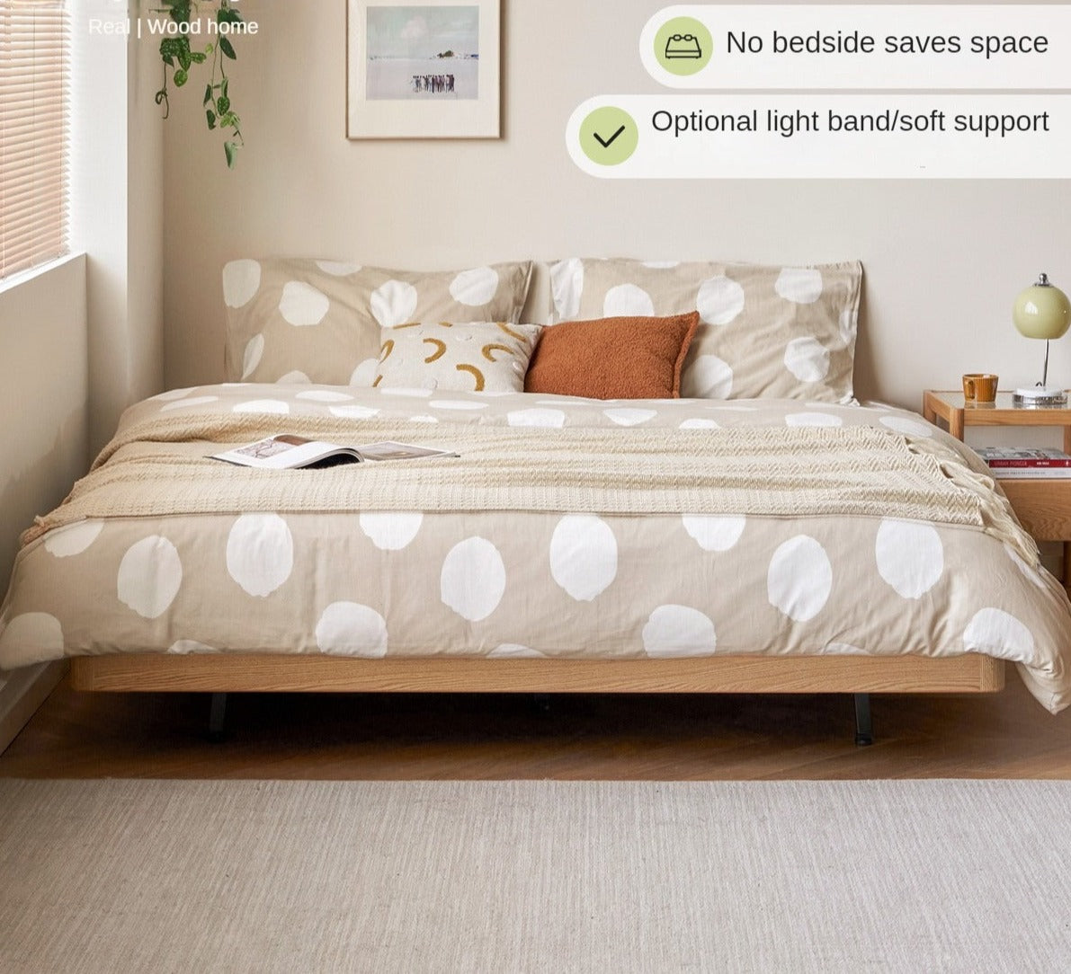 Oak Solid Wood platform bed, headboard-free bed Night Light Suspended Bed