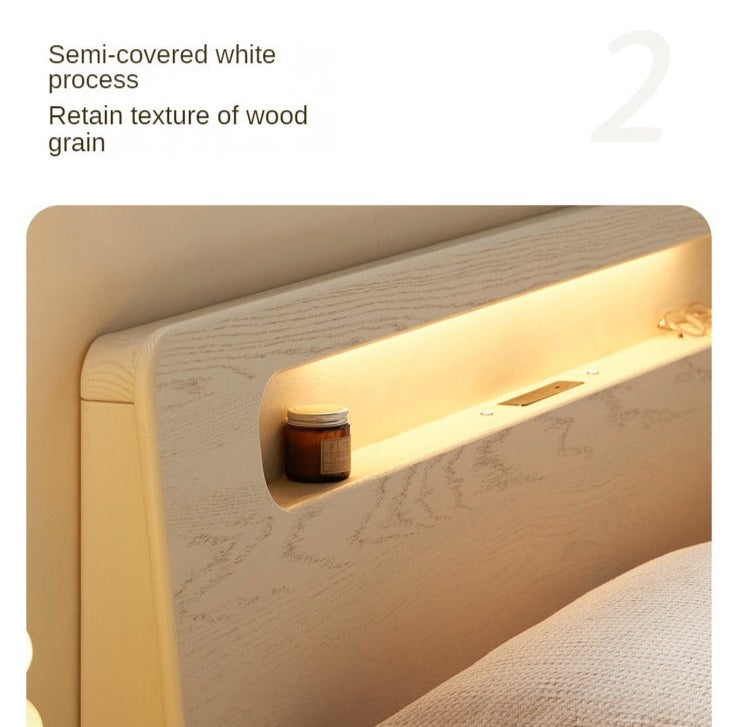 Oak Solid Wood Bed Cream Suspension Bed Luminous