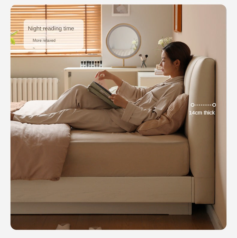 Oak, Rubber Wood Solid Wood Cream Technical Fabric Suspended Box Storage Bed