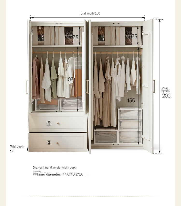 Pine Solid Wood Wardrobe French Cream Style.