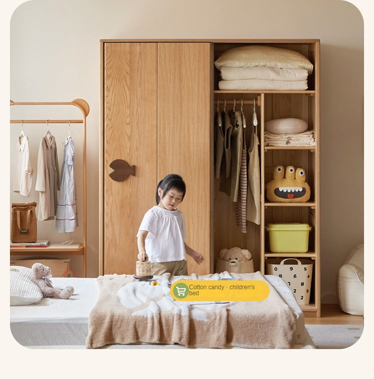 Oak Solid Wood Children's Sliding Door Wardrobe Storage Cabinet