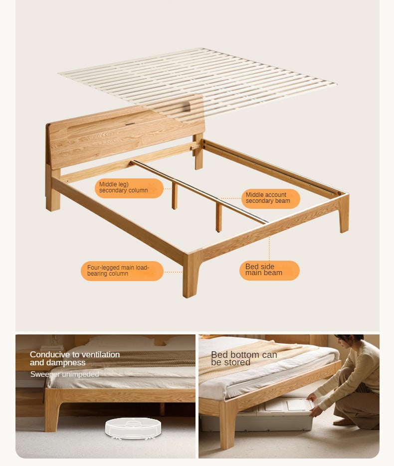 Oak, Beech Solid Wood With Light And Bookshelf Bed