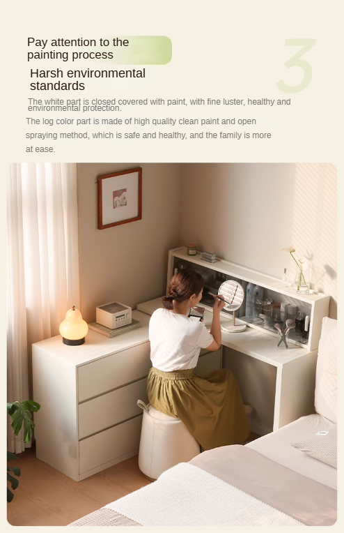 Solid Rubberwood Cream Style Vanity Table Integrated Drawer.