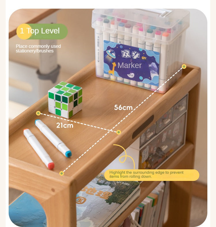 Beech Solid Wood Children's Under-Table Bookshelf with Wheels