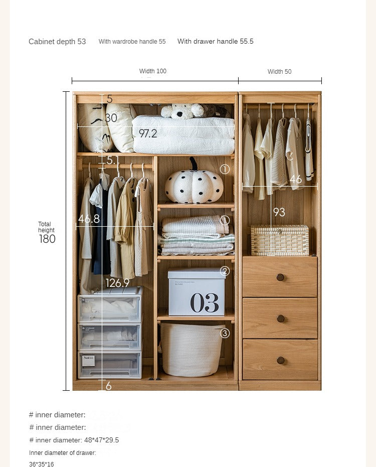 Oak Solid Wood Multi-functional Kids Wardrobe