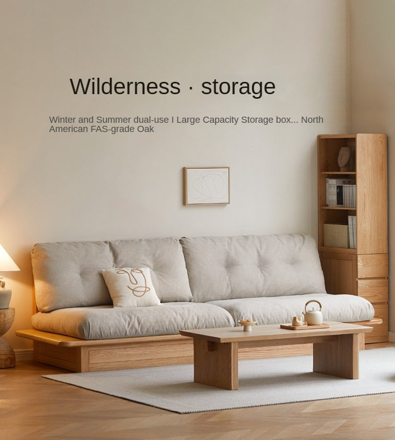 Oak Solid Wood dual-use Fabric Storage Sofa.