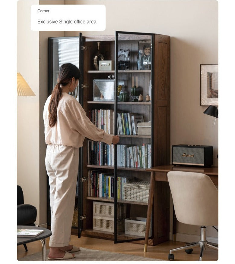 Solid Rubberwood, Oak Solid Wood Bookcase Modern With Glass Door
