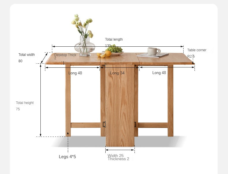 Oak Solid Wood Folding Table, Retractable Dining Table