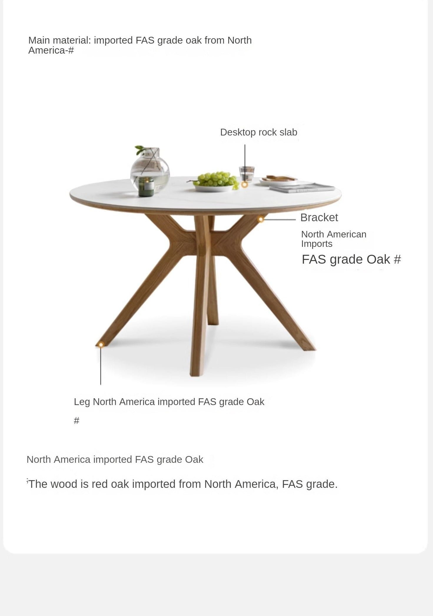 Oak Solid Wood Round Nordic Dining Table With Rock Slab Surface