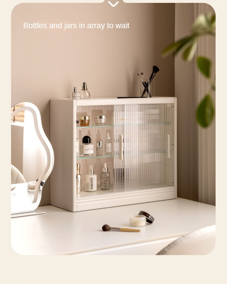 Solid Rubberwood Desktop Storage Cabinet Glass Sliding Door