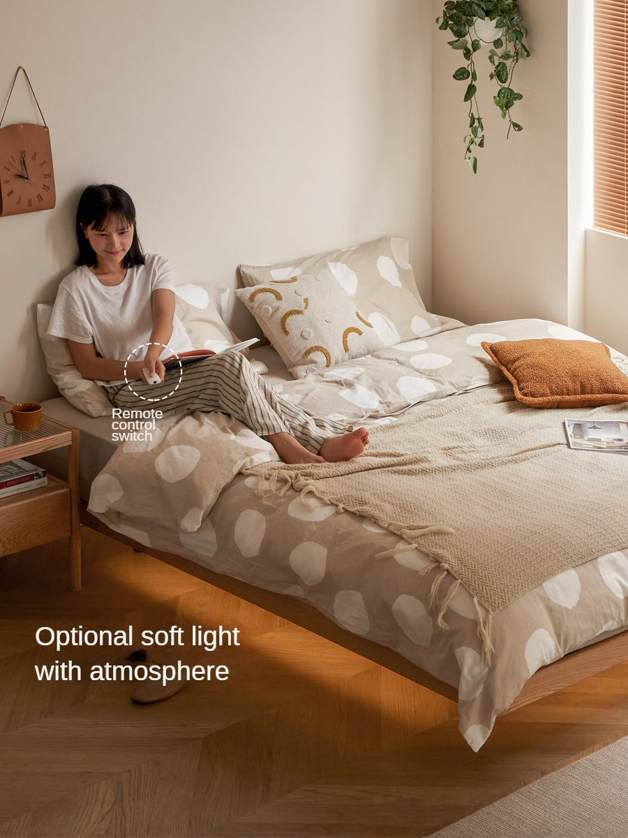 Oak Solid Wood platform bed, headboard-free bed Night Light Suspended Bed