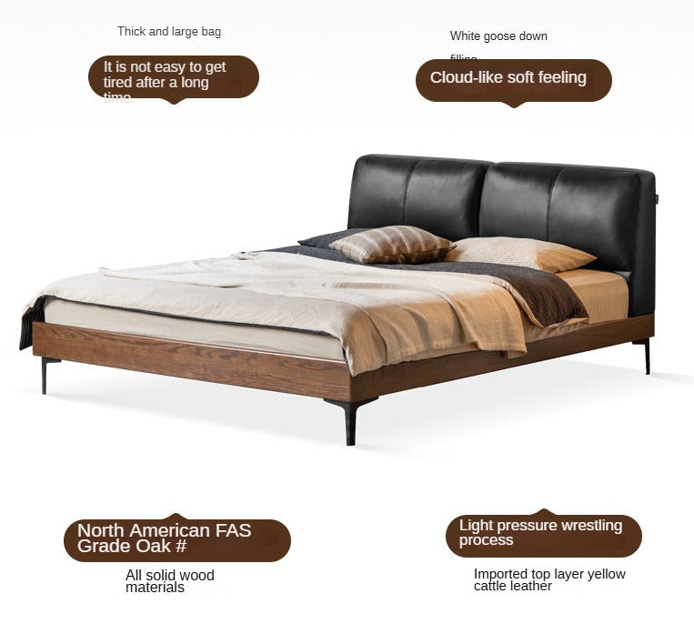 Oak,Black Walnut Solid Wood Soft Genuine Leather Bed Light Luxury