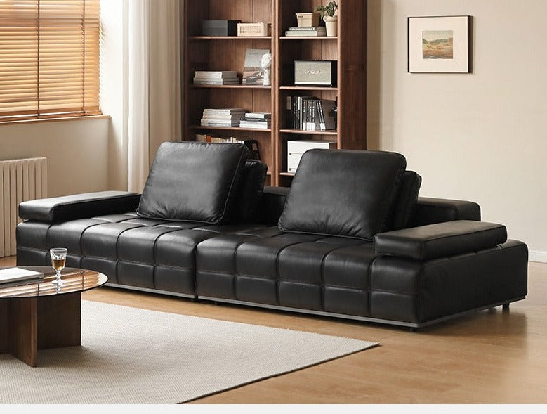 Leather Sofa Italian Black Straight Head Layer Yellow Cowhide.