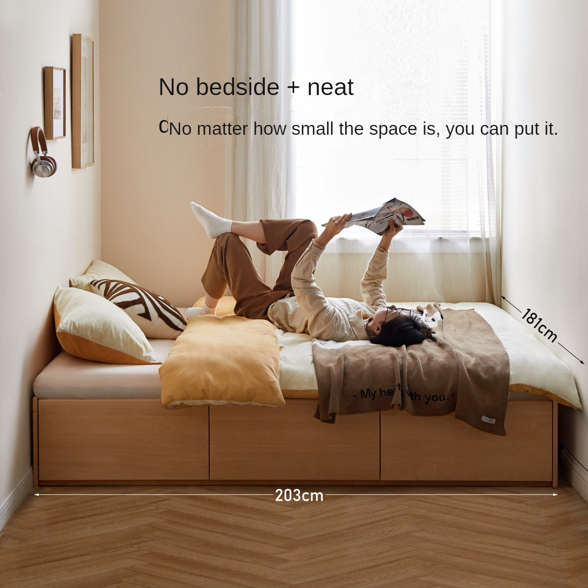 European Beech solid wood platform bed, headboard-free bed with drawer box bed.