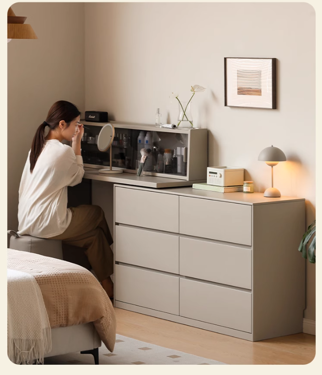 Solid Rubberwood Cream Style Vanity Table Integrated Drawer.