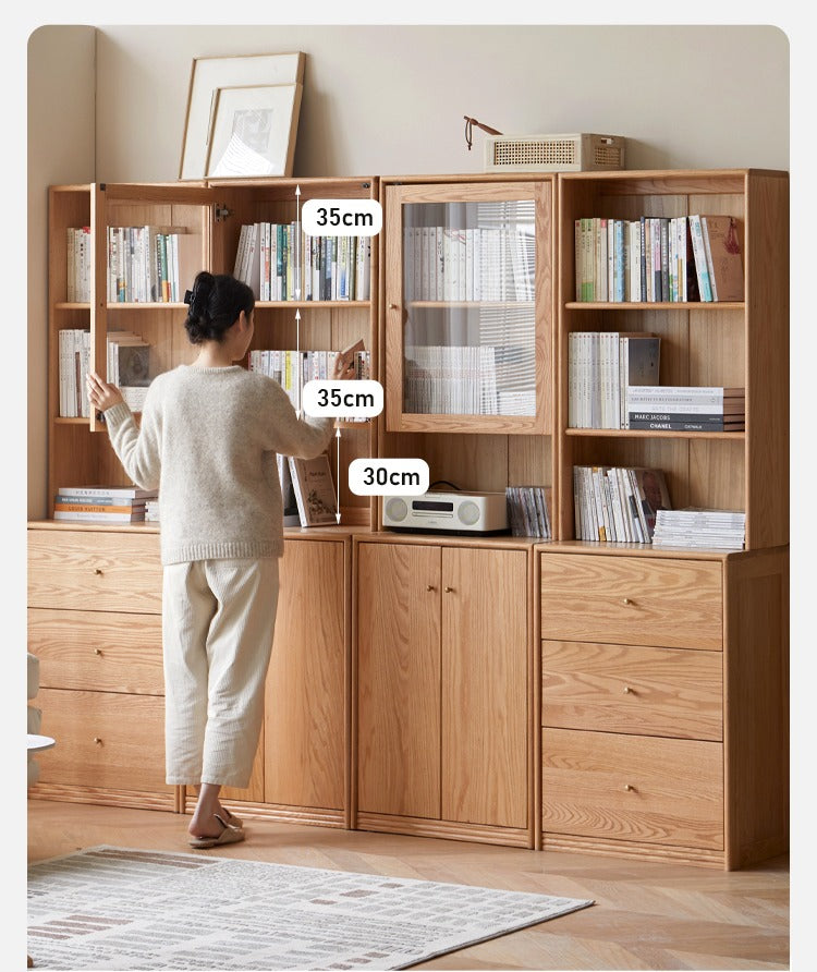 Oak Solid Wood Floor-To-Ceiling Combination Bookshelf, Glass Bookcase