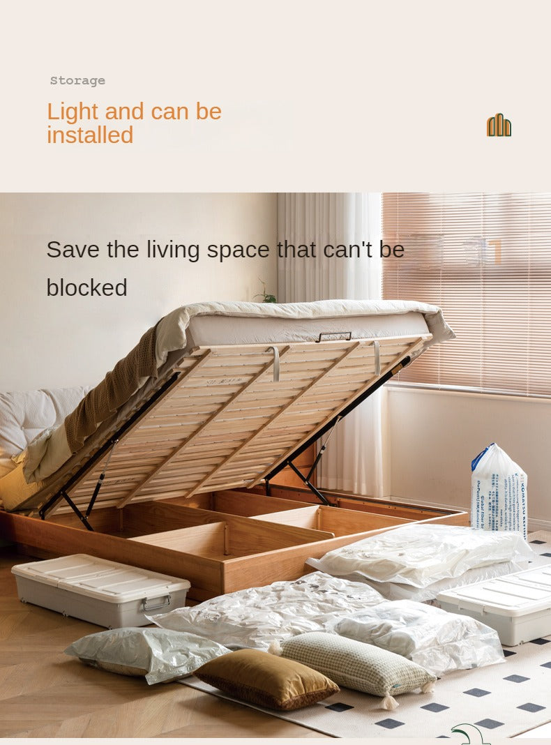 Cherry Solid Wood Box Bed Top Genuine Leather, Corduroy Suspended Bed