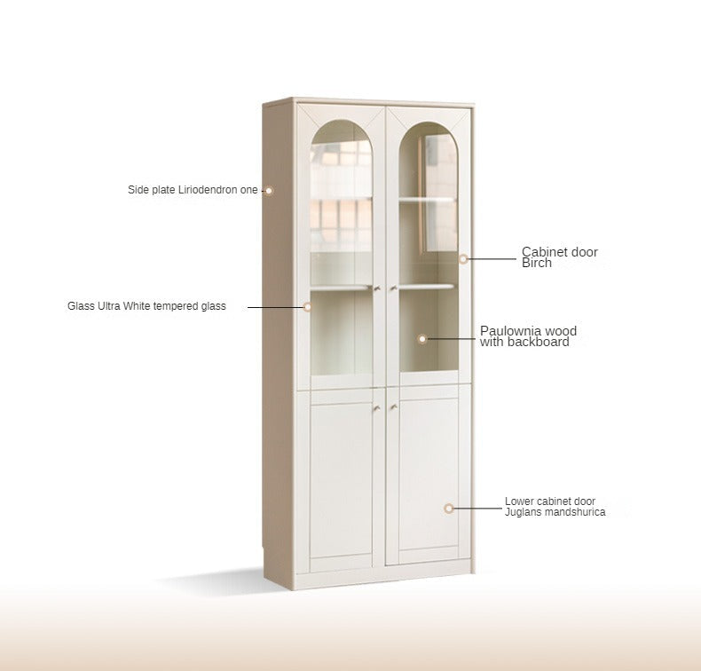 Poplar Solid Wood Bookcase White With Glass Door Whole Wall Combination French Cream Style