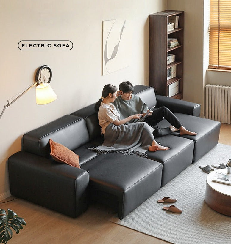 Organic Leather Art Sofa Retractable Bed Big Black Bull Electric Sofa Bed.
