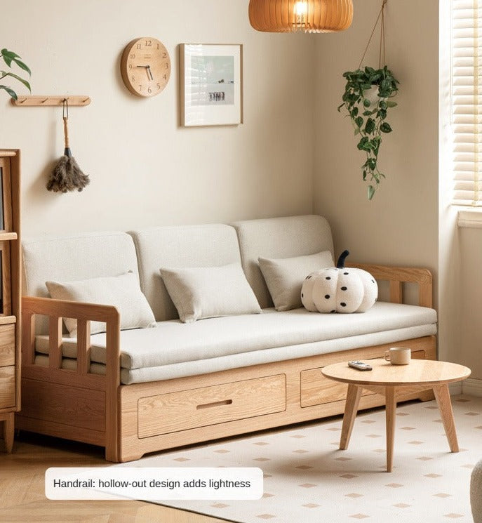 Oak Solid Wood Sofa Bed Folding Retractable Storage.