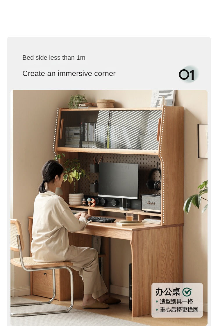 Oak, Cherry Solid Wood Desk Bookshelf Integrated Warm Light