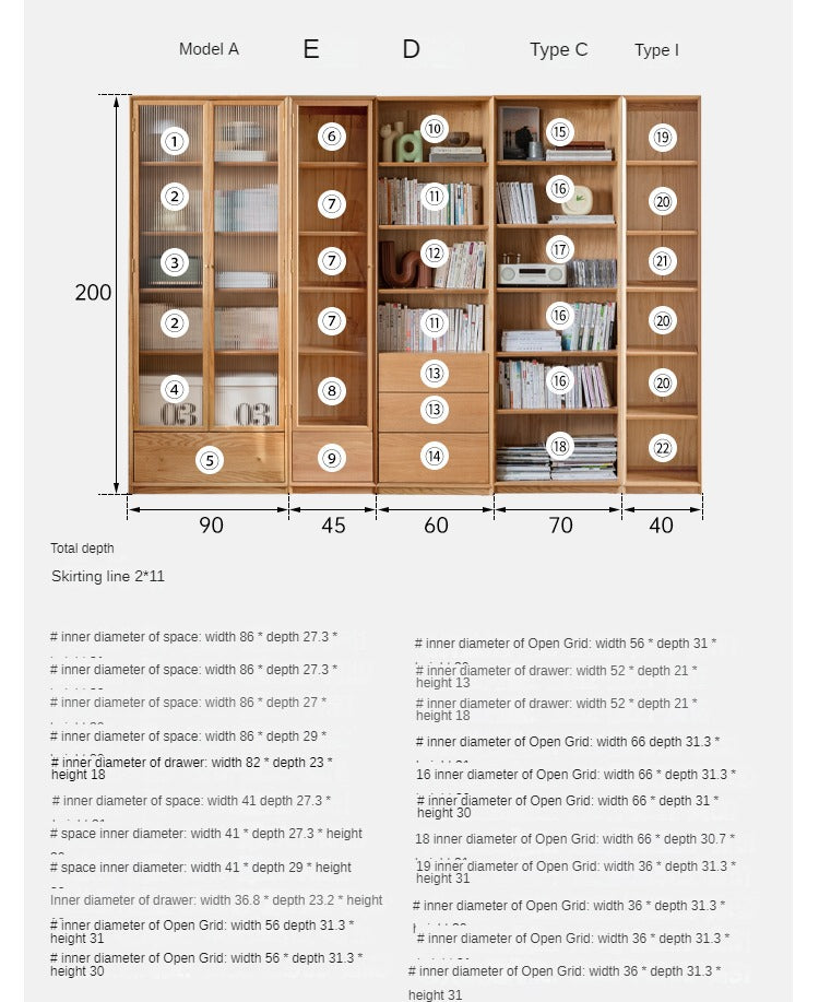 Oak Solid Wood Nordic Style Bookshelf with Floor Storage Cabinet