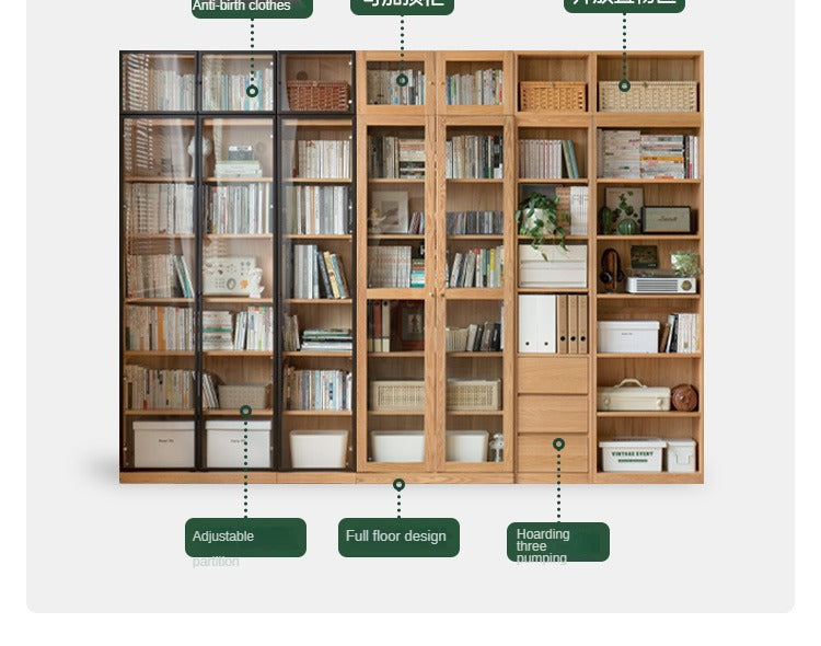 Oak, Solid Rubberwood Modern Bookcase Storage