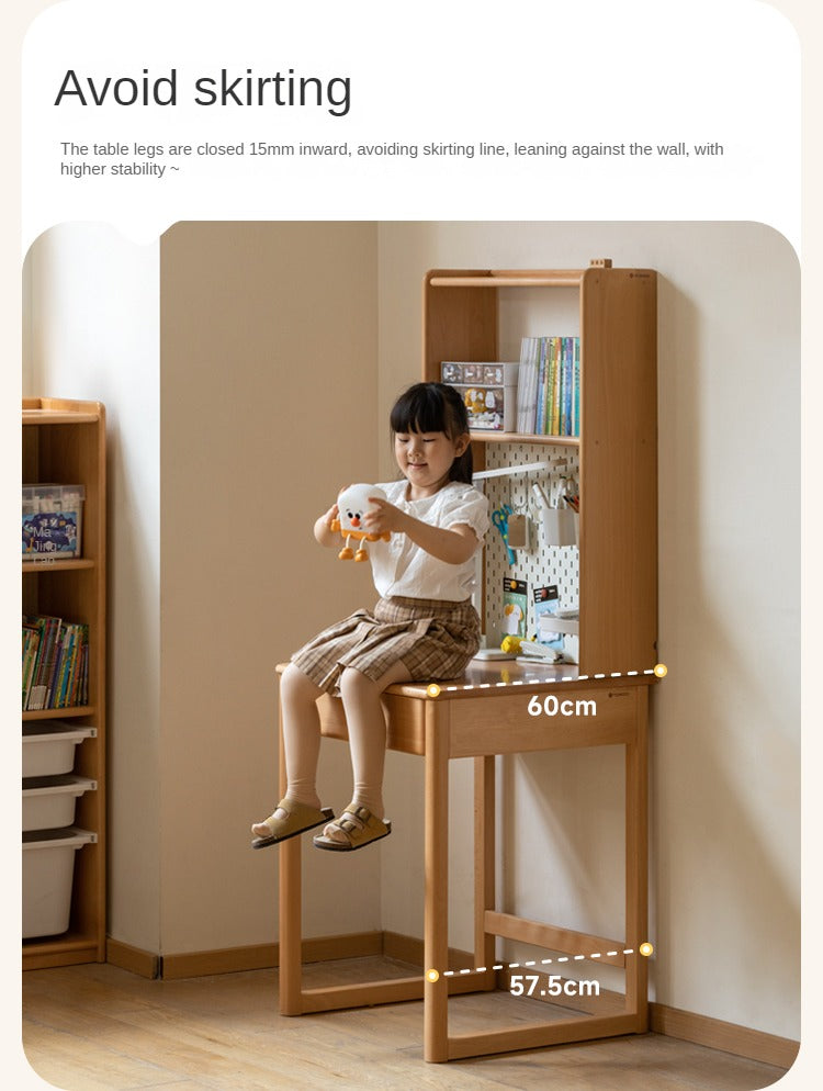 Beech, Rubber Solid Wood Children's Desk Bookshelf Integrated