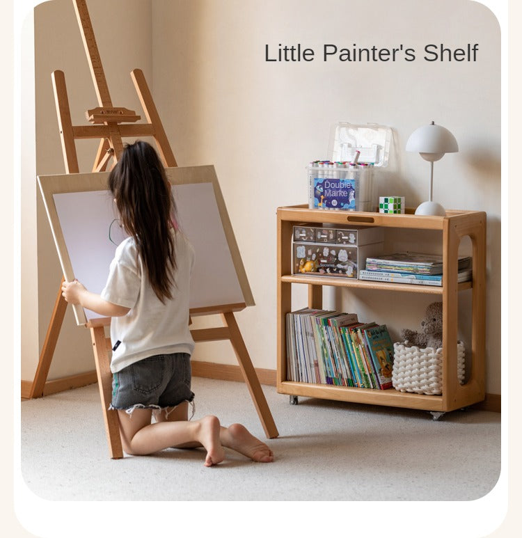 Beech Solid Wood Children's Under-Table Bookshelf with Wheels