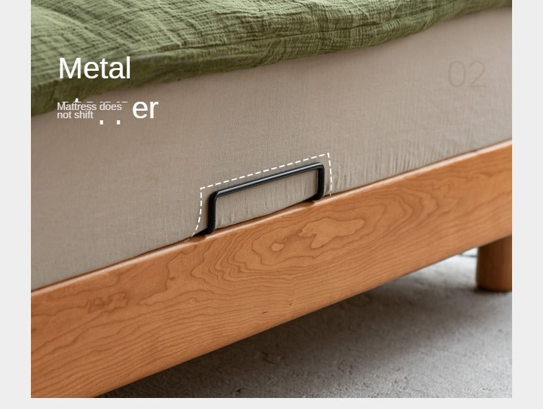 Cherry Solid Wood Bed with Retro Edge and Soft Headboard