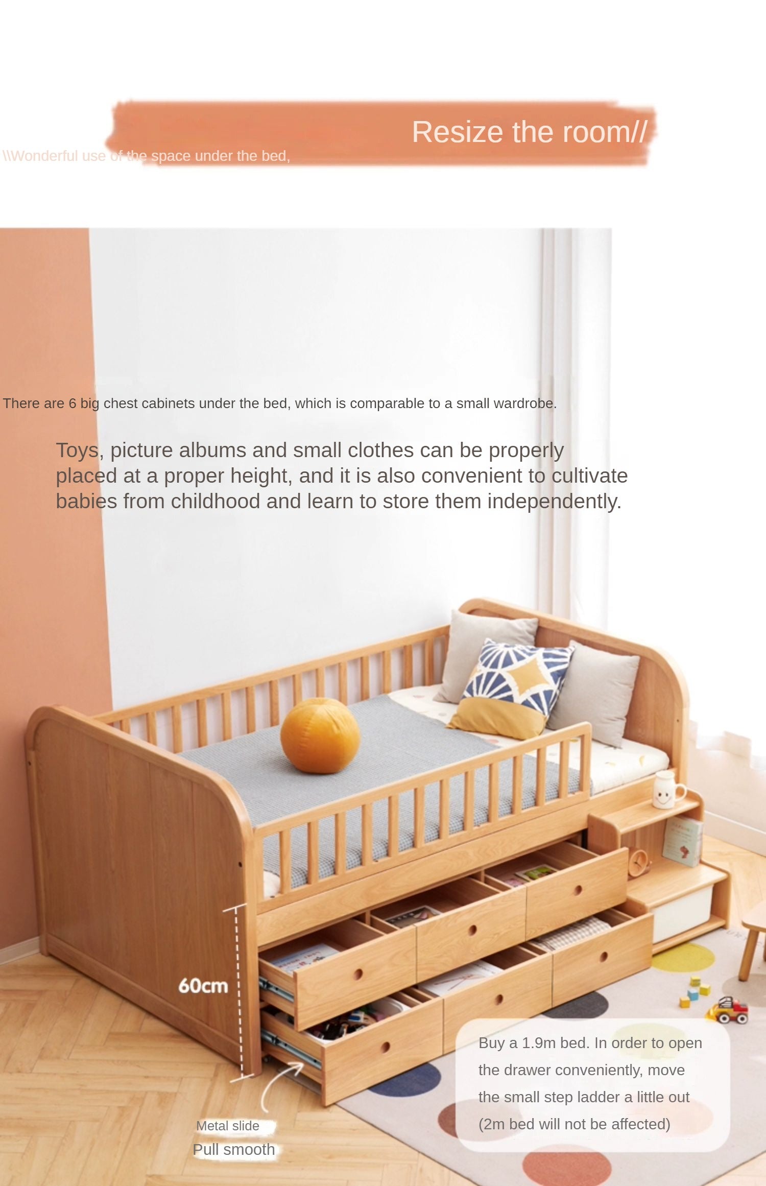 Oak solid wood Multi-function wide storage box bed<