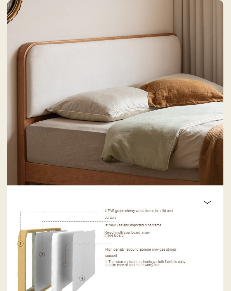 Cherry Solid Wood Technology Fabric Soft Modern Bed