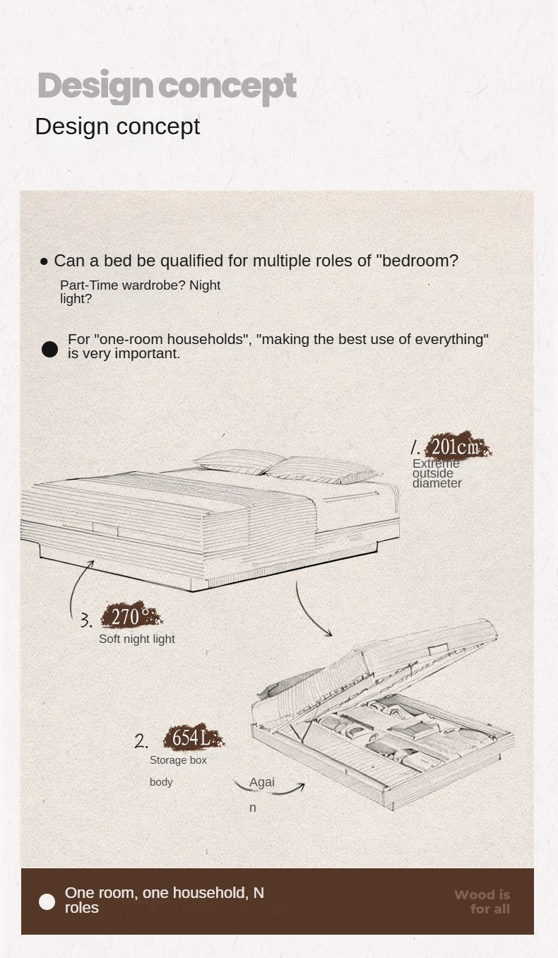 Oak Solid Wood Suspended Box Platform Bed, Headboard-Free Bed.