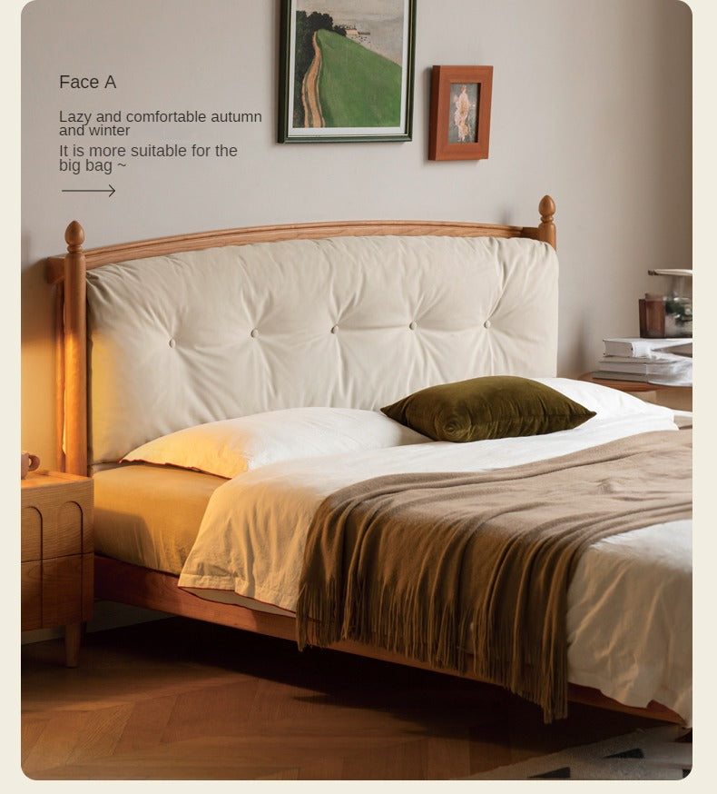 Cherry Solid Wood Soft Retro Bed