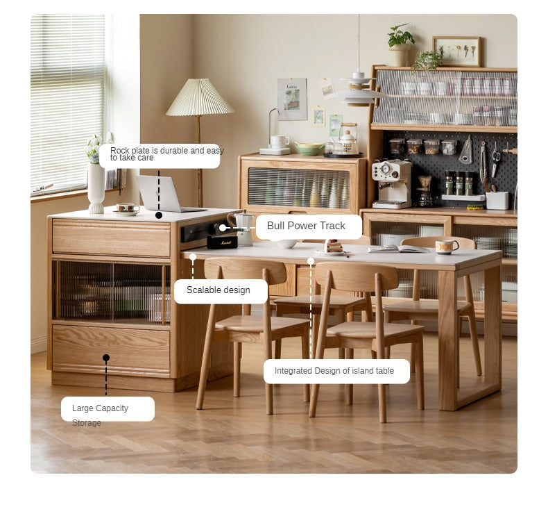 Oak Solid Wood Island + Table Integrated Retractable Rock Board