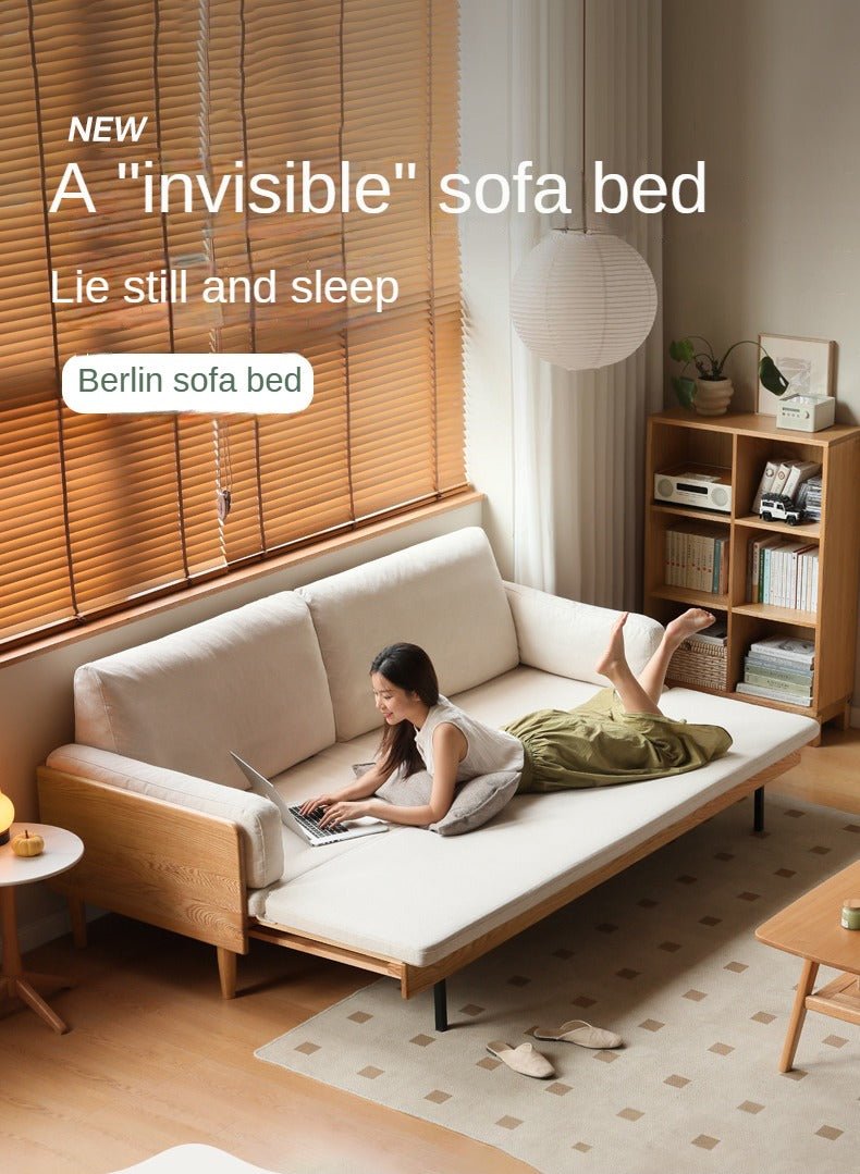 Oak Solid Wood Sofa Bed Folding White Goose Feather Cushions.