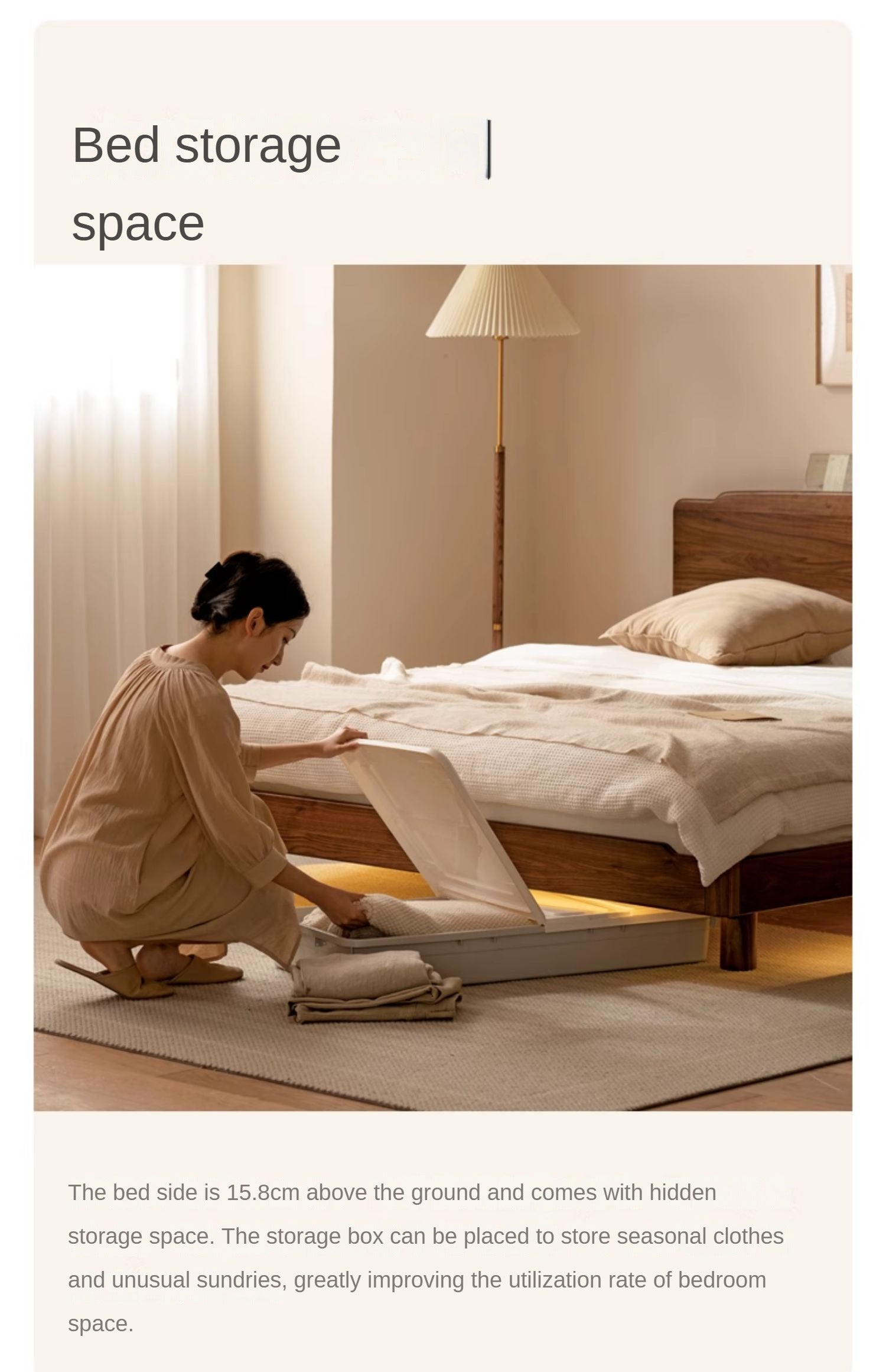 Black Walnut, Ash Solid Wood Big Bed with Light