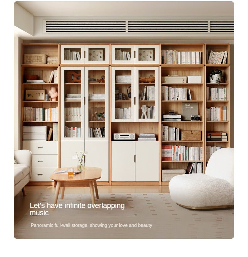 European Beech, Oak Solid Wood Floor-Standing Bookshelf with Glass Door Display