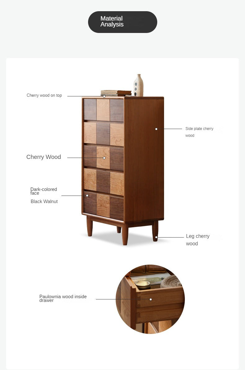 Cherry Solid Wood Retro Chest of Drawers Checkerboard